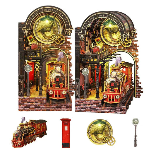 Bzmkpta DIY Book Nook Kit, 3D Wooden Puzzle Miniature House Model for Adults, Book Shelf Decor with LED Light, Miniature Bookstore Scenewith Steam Train, Creative Craft Kits for Adults