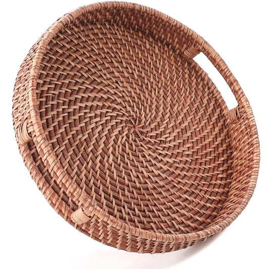 HITOMEN 14.2" Hand-Woven Round Rattan Serving Tray Decorative Ottoman Wicker Platter with Handles for Coffee Table, Breakfast, Drinks, Snack, Bread, Fruit, Vegetables (Honey Brown-L)