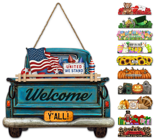 Interchangeable Welcome Sign for Front Door Blue Farmhouse Truck Decor Hanging Sign with 11 Interchangeable Seasonal and Holiday Decor Signs 12x14 in. (Blue Farmhouse Truck)