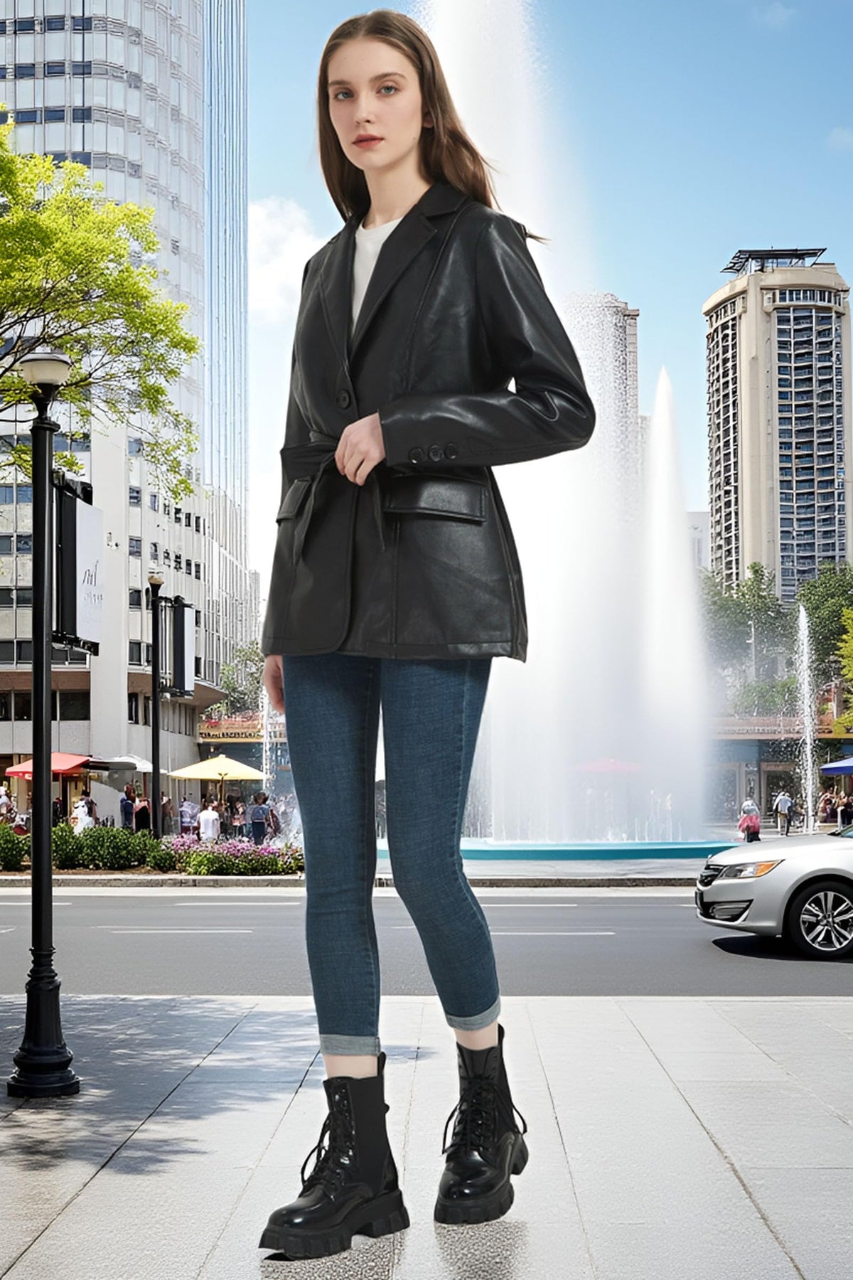 RISISSIDA Women Faux Leather Blazer Jacket Spring Fall Vegan Pleather Soft Casual Lapel Button Down Coat with Belt,Black,XL