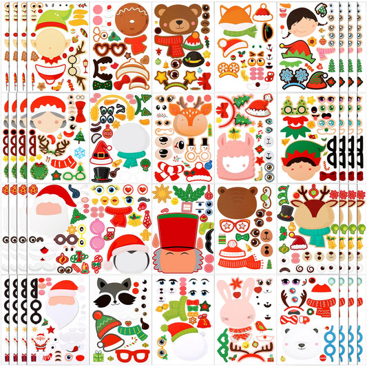 Geosar 100 Sheets Christmas Party Sticker Make Your Own Santa Gingerbread Man Snowman Reindeer Face Sheet Stickers for Christmas Party Craft DIY(Lovely)