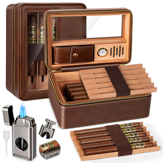 Usewire Cigars Humidor, Travel Cigar Humidor Case, Cedar Wood Double Layer Cigar Box with Built-in Humidifier, Glass Top Cigar Humidor with Cigar Lighter, Cigar Accessory Gift Set for Men(No Butane)