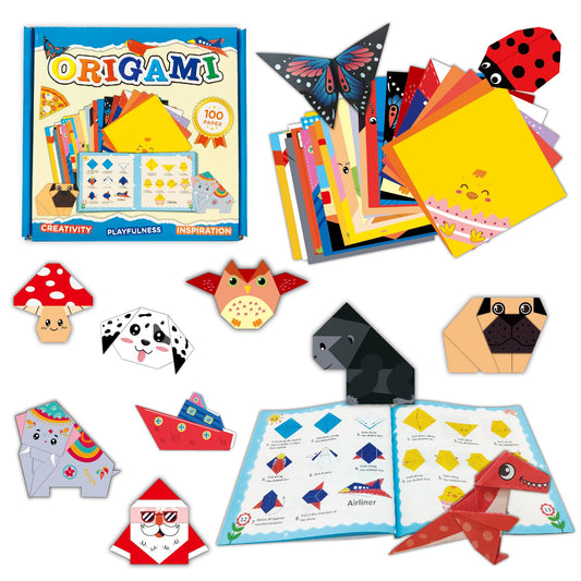 Origami Kit for Kids Ages 5-8 8-12, 100 Sheets Double Sided Colorful Folding Paper (45 Patterns×2+10Blank) with Clear Guiding Book, Animals Dinosaur Art Activity DIY Craft Set Gift for Girls Boys