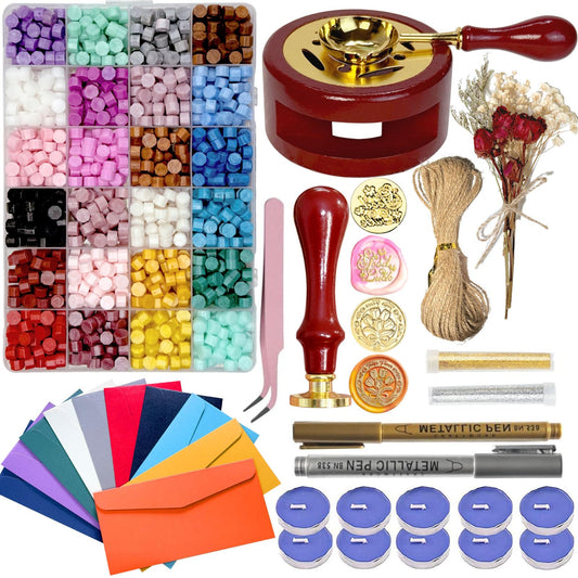 Wax Seal Kit, 24 Colors Sealing Beads, 2 Pcs Stamp,Sealing Wax Warmer, Metallic Pen, Envelope,Dried Flower,Candles for Wedding Birthday Gift and DIY Craft