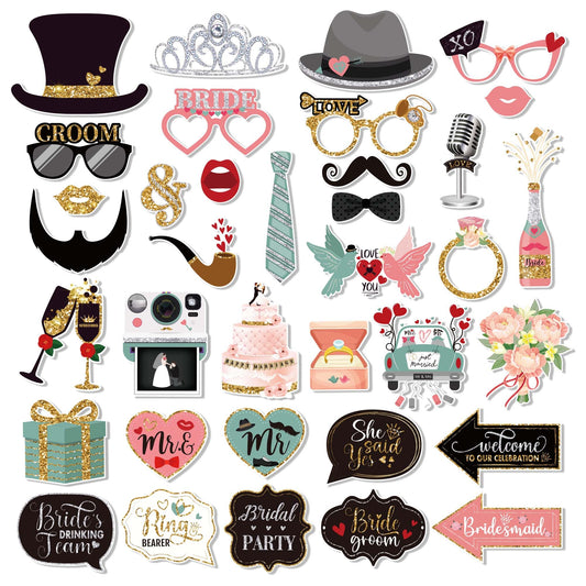 36 PCS Wedding Photo Booth Props Party Supplies Selfie SignsHoliday Picture Decorations Photo Booth Props for Weeding Party Favors Pose Sign Kit Fun for Party