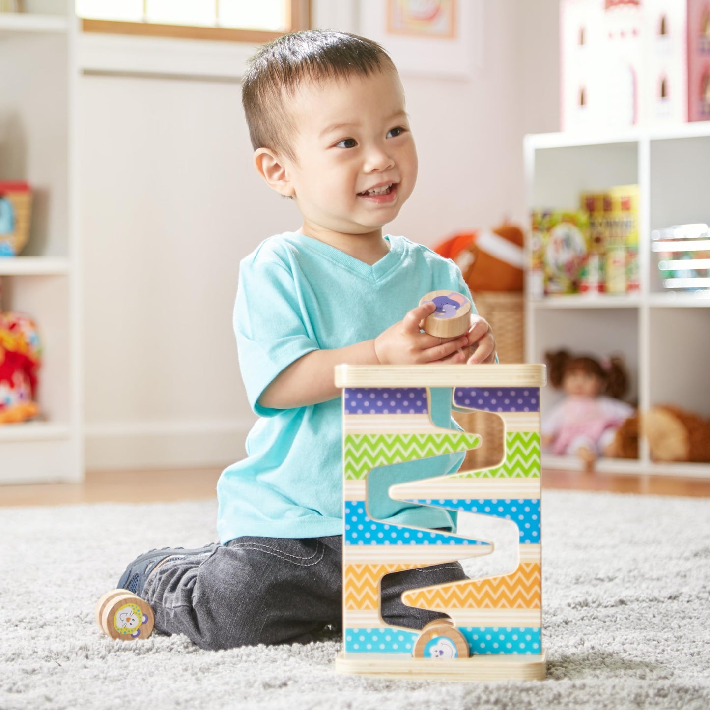 Melissa & Doug First Play Wooden Safari Zig-Zag Tower with 4 Rolling Pieces