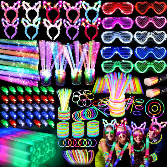 186 PCS Glow in the Dark Party Supplies,16 Foam Sticks,10 Glow Fiber Wands, 10 LED Glasses, 10 Glowing Rabbit Ears,100 Glow Sticks and 40 Finger Lights for Neon Party Birthday Carnivals Halloween