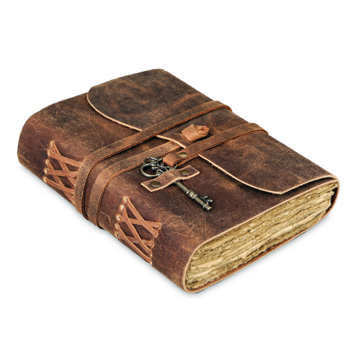 Leather Journal with Deckle Edge Paper 8x6 inch and Vintage Key | Handmade Writing Notebook Diary | Bound Daily Notepad for Men & Women Medium, Sketch/Writing pad for Artists