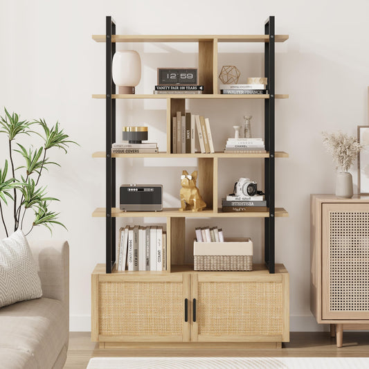 5 Tier Rattan Bookshelf with Storage Cabinet & Door, 71.1 Inch Tall Industrial Book Shelf with Open Display Shelves, 5 Shelf Bookcase with Metal Frame for Living Room, Bedroom (Wood)