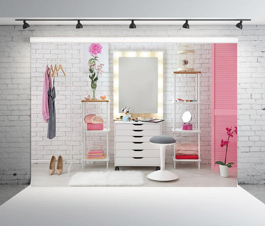 BELECO 7x5ft Fabric Pink Makeup Room Backdrop Makeup Backdrop for Photography Dressing Room Beauty Salon Dressing Table