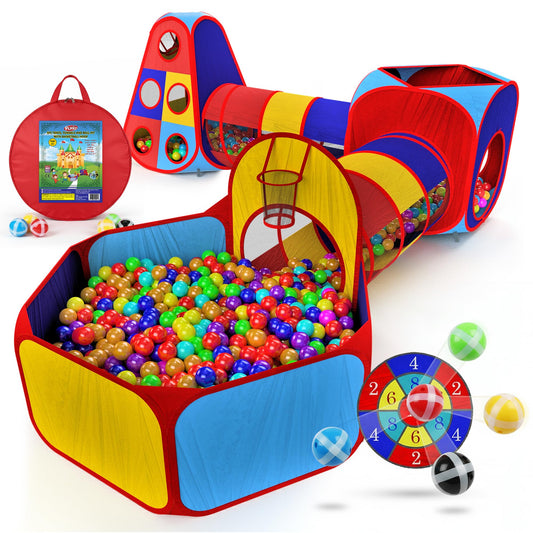 Playz 5pc Kids' Play Tents & Tunnels - Ball Pit for Toddlers, Basketball Hoop, Crawling Tubes, Pop-Up Playhouses, Baby Obstacle Course for Indoor or Outdoor Use