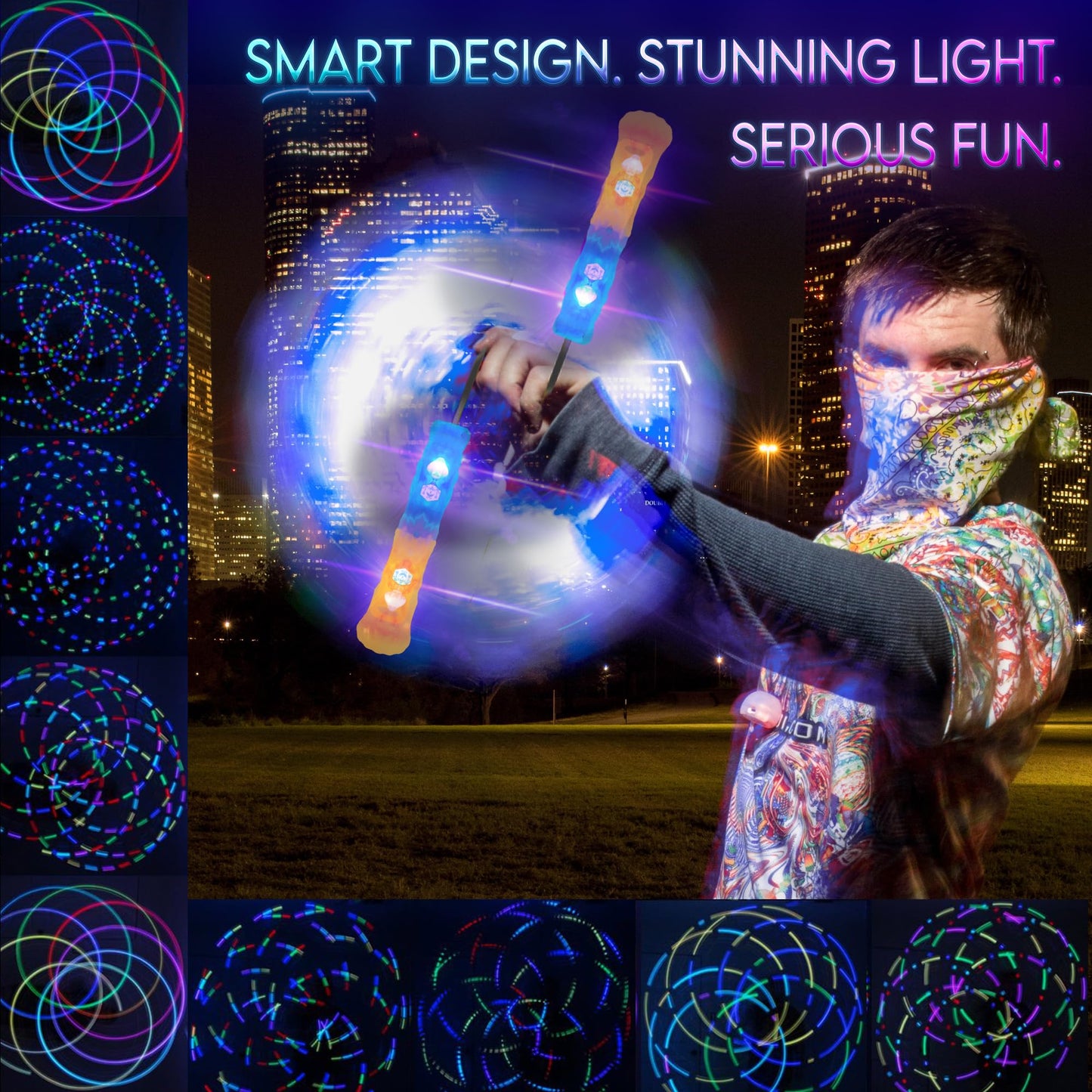 UltraPoi HelixPoi Pro Set – Rechargeable LED Poi w/ 50+ Color Modes – Spinning Light Flow Toys w/Non-LED Knob Handles, Soft Cases & Adjustable Leashes – Visual Poi for Rave, Parties & Performance