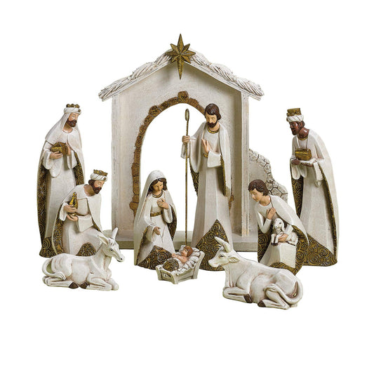 Ivory and Gold Christmas Nativity 10 Piece Set Holiday Decoration New 31379