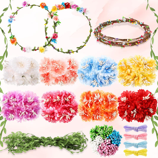 Zeyune 20 Sets Spring Tea Party Favor Flower Crowns Making Kit, Make Your Own Flower Crown Wreath Garland Headbands Craft Kit Handmade DIY Fairy Floral Hair Accessories Gift for Women
