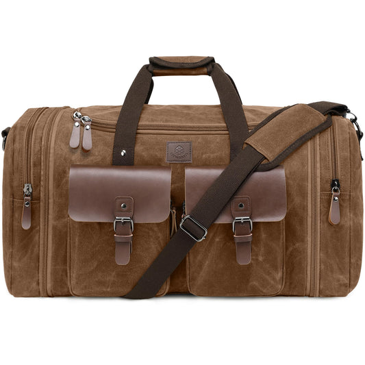 Densata Waxed Canvas Duffle Bag for Men 50L Travel Duffel Bags Expandable Genuine Leather Duffel Overnight Weekender Carry On Bag Two Zipper Pockets Travel Bag (Vintage Dark Brown, Large-50L)
