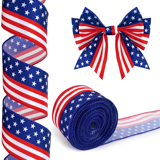 KINGLAKE 250th Anniversary Patriotic Wired Ribbon - 2-1/2 Inch x 11 Yds Red White Blue Striped Satin Star Ribbon 4th of July Ribbons for Wreaths Crafts Independence Day Memorial Day Veterans Day Decor