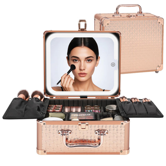 Relavel Makeup Bag with LED Mirror, Makeup Box Travel Train Case with Rechargeable Lighted Mirror, Cosmetic Brush Organizer Storage for Makeup Artists Gifts for Women and Girls, Rose Gold