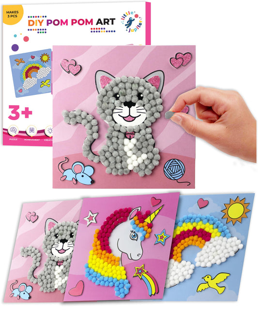 Little Jupiter DIY Pom Pom Art - Makes 3 Pieces -Boy & Girl Crafts for Kids Age 3-5 - Toddler Crafts - Pom Pom Art Projects for Kids 3-5 - (Set 2-Unicorn, Rainbow, Cat)