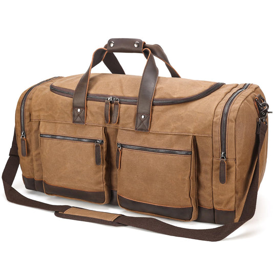 Polare 26” Waxed Canvas Cowhide Leather Waterproof Travel Duffel Bag Trim Luggage Weekender Overnight Carry on Hand Bag (Brown-26")