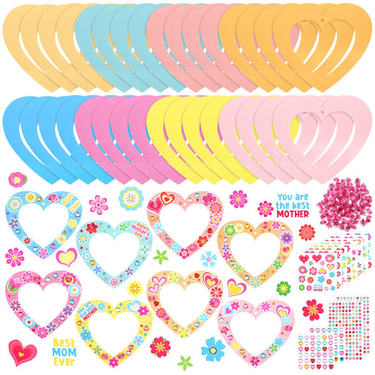 Motipuns 72 Pcs Mothers Day Craft Kits DIY Mother's Day Craft with Heart Wreath Heart Flower Gem Stickers Pom Poms Ribbon Foam Dots Paper Gifts for Mom Grandma Ladies DIY Activity