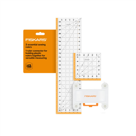 Fiskars 3-Piece Ruler & Connector Set, 6.5"x6.5" and 6.5"x24.5" Rulers, Precision Measuring Tool for Arts & Crafts, Easy Alignment & Cutting