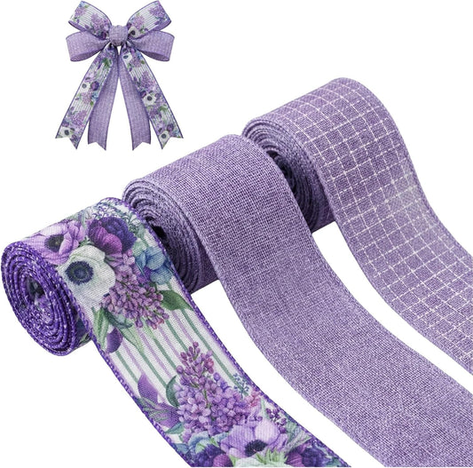 Spring Summer Purple Floral Wired Ribbon, 2.5 InchX 15 Yards Burlap Ribbon for Wreath, Bows, Gift Wrapping, Mother's Day, Wedding & DIY Craft (Purple)