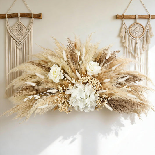 35” Pampas Grass Wall Decor Natural Fluffy Dried Reeds with Bunny Tails Baby Breath Artificial Hydrangea Flowers Large Pampas Easy Install for Home Wedding Arch Entryway Farmhouse Party Boho Decor
