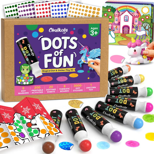 Chalkola Dots of Fun - 8 Washable Dot Markers + Dot Art Sticker Activity Kit | Toddler Art & Craft Supplies for Kids, Stocking Stuffers, Gifts for Boys & Girls Ages 3, 4, 5, 6, 7 Year Old