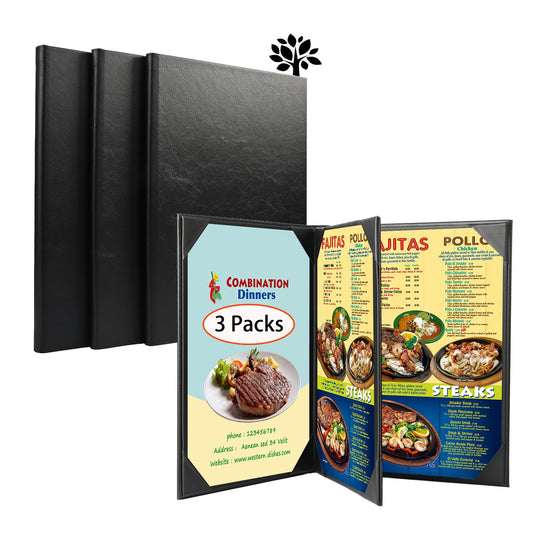 3 Packs of Leather Menu Covers Holders with Strong Wood Inside for 8.5x11 Inches,Four Views Leather Menu Holder for Wine List, Drinks, Cafes, Bar, Hotel,Cocktail(8.5" x11", 4 View-Book Style/3 pcs)
