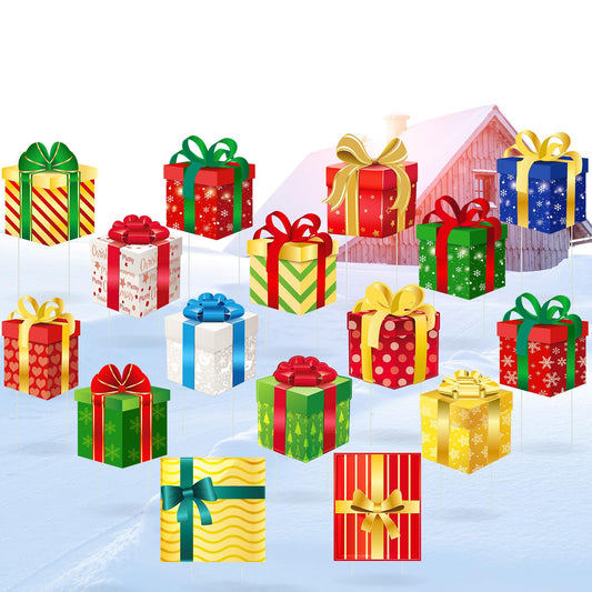 16 Pcs Christmas Decoration Outdoor Yard Sign with Stakes Gift Box Outdoor Yard Stakes Decorations Corrugated Plastic Xmas Lawn Sign Present Box Sign Decor for Holiday Pathway Walkway Garden