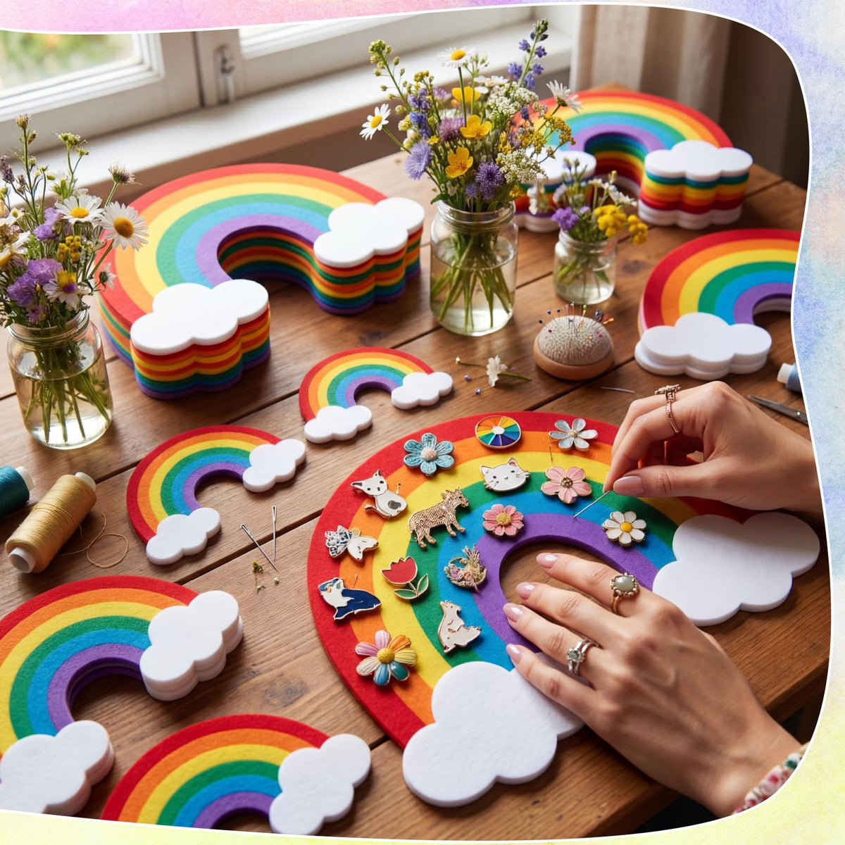YooNotee 12 Pcs Rainbow Felt Wall Decor Rainbow Bulletin Board 3 Size Bohemian Nursery Decor Wall Hanging Supply for Nursery Bedroom Living Room Home Dorm Art