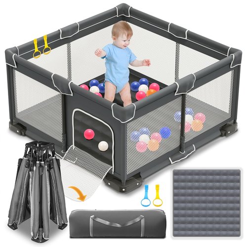 ICAREWAY Foldable Playpen - Portable 50x50 Inch Kids Play Area with Visible Mesh - Dark Gray