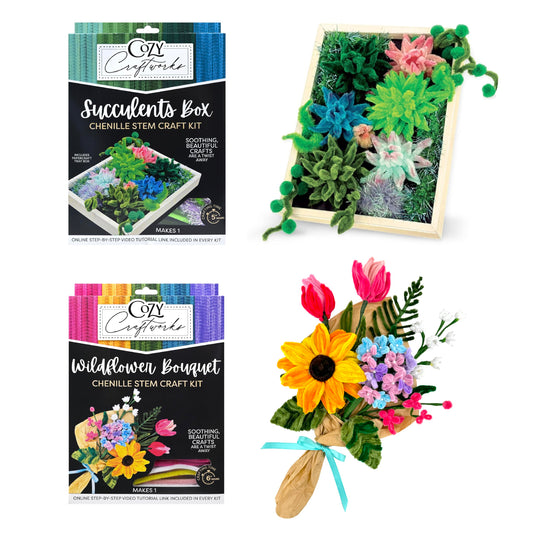 WeVeel Cozy Craftworks Chenille Stem Flower & Succulent Craft Kit for Adults – Create a Wildflower Bouquet and Succulent Box Garden – Relaxing DIY Botanical Arts & Crafts Set