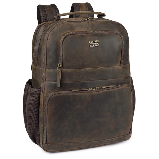 LEATHER VILLAGE Vintage Leather Laptop Backpack for Men & Women, Professional Business Bag Fits 17”- Laptop, Travel Hiking Daypack with Trolley Strap - Distressed Brown