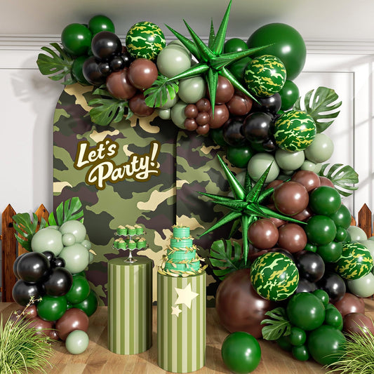 137pcs Camo Balloon Arch Garland Kit, Dark Green and Brown Balloon Arch Kit with Brown Sage Green Black Foil Balloons for Jungle Hunting Camo Birthday Party Decorations