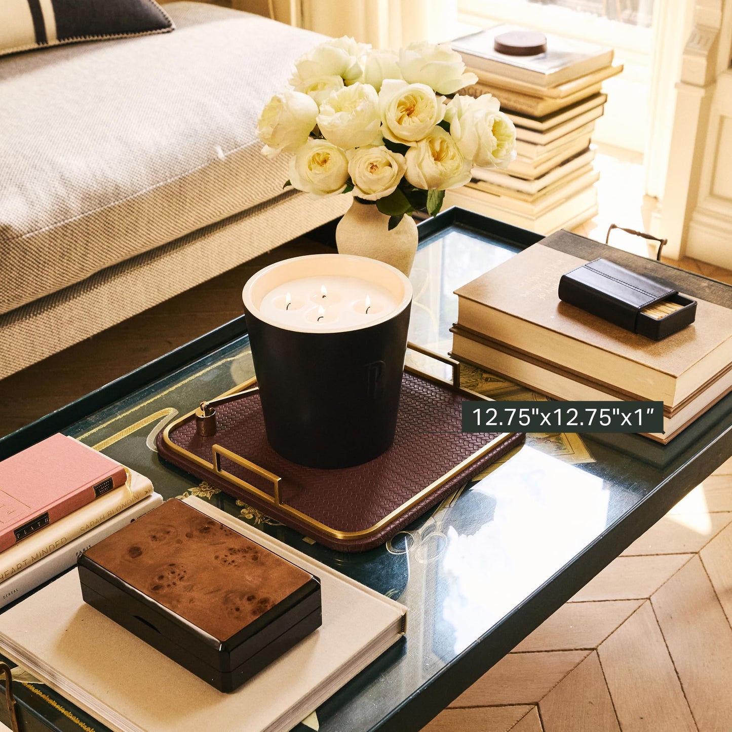 Preston Lane Mayfair Decorative Tray – Vegan Leather with Woven Texture, Brushed Brass Handles – Serving, Dresser & Coffee Table Tray, Espresso
