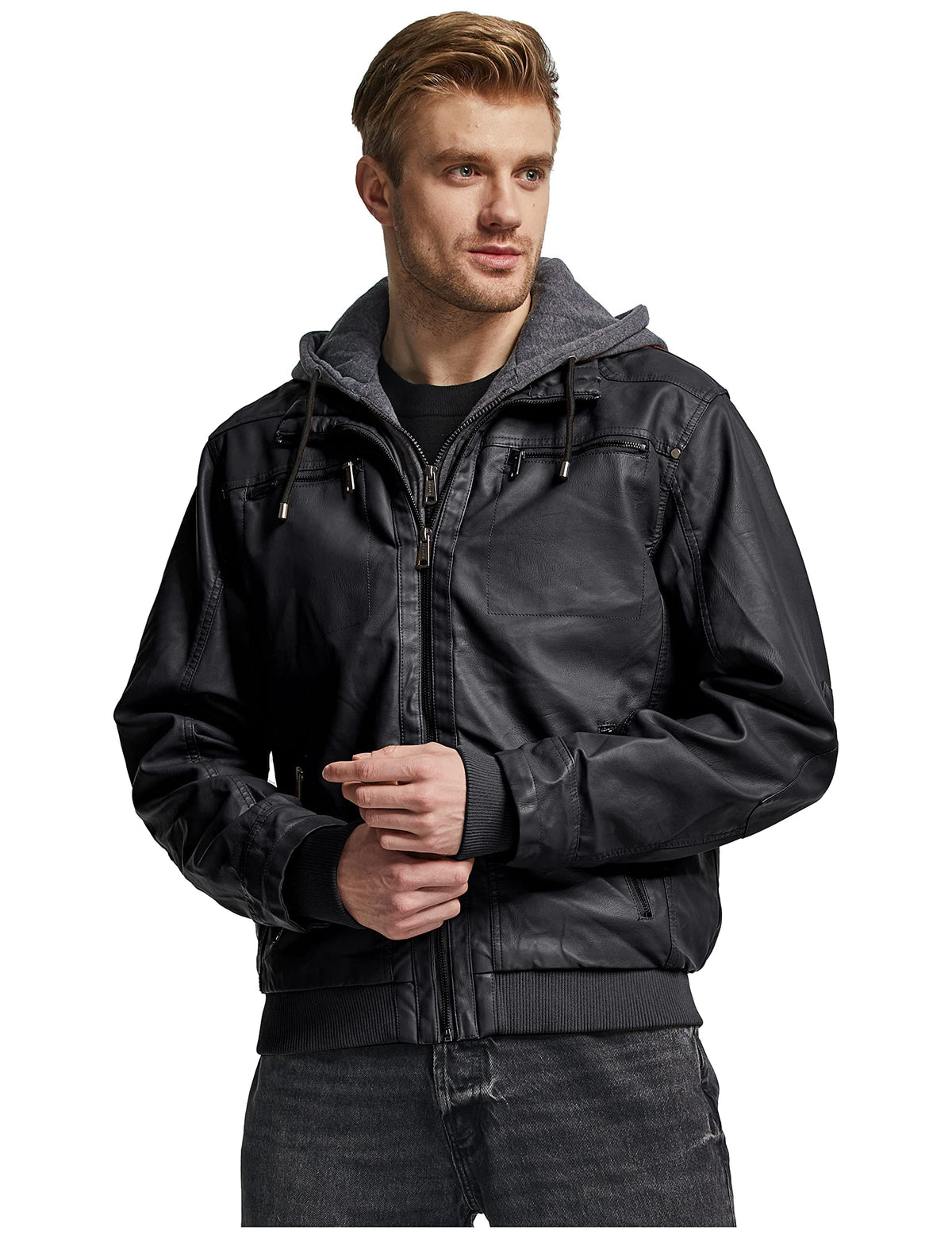 wantdo Men's Spring Faux Leather Jacket with Hood Outdoor Jacket Black Large (Lightweight)