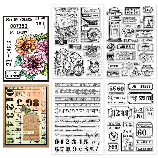 CHGCRAFT 4 Sheets 4 Styles Vintage Stamps Clear Stamps Tape Measure Transparent Stamp Labels Silicone Clear Seals for DIY Scrapbooking Photo Album Decoration, 4.3×6.3 inch