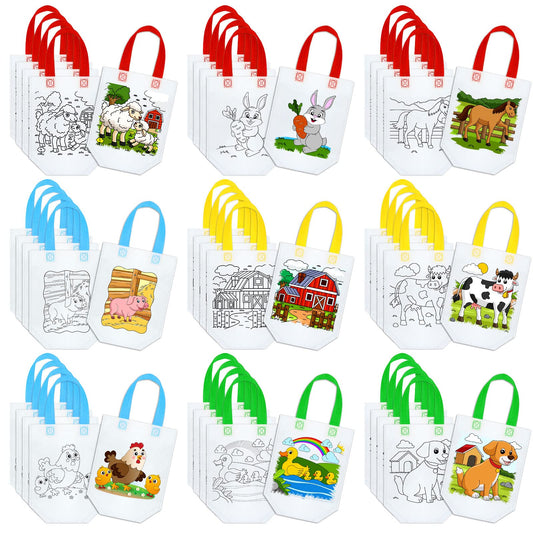 Kacctyen 45 Pcs Farm Animals Color Your Own Goodie Bags Craft Bulk Reusable Coloring Art Party Favor Paint Graffiti Bags for Farm Theme Barnyard Birthday, 9 Styles