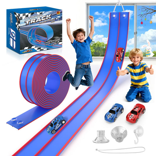DKOXT 15 Ft Flexible Race Track for Kids, DIY Car Track Set with 2 Toy Cars & 3 Suction Cup Ramps, Easter Basket Stuffers for Teens & Boys Girls, Creative Easter Gifts for Kids, Blue