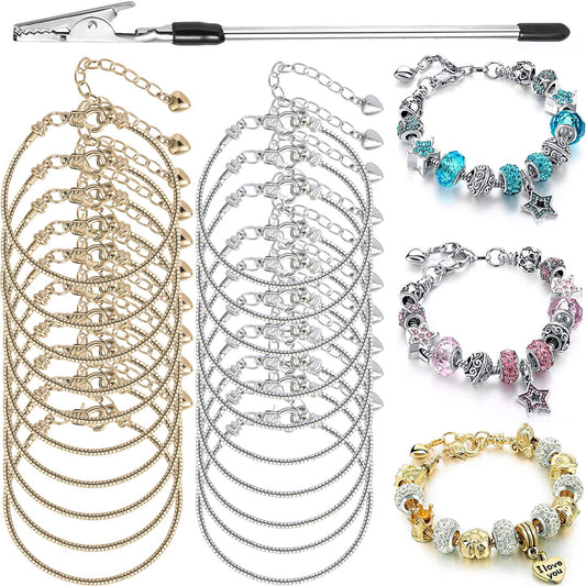 20 Pieces Snake Chain Charm Bracelet with Bracelet Helper Adjustable Snake Charm Bracelet Chains with Heart Lobster Clasp Extender Chain DIY Bracelet Chain for Women Jewelry Making Gifts Supplies