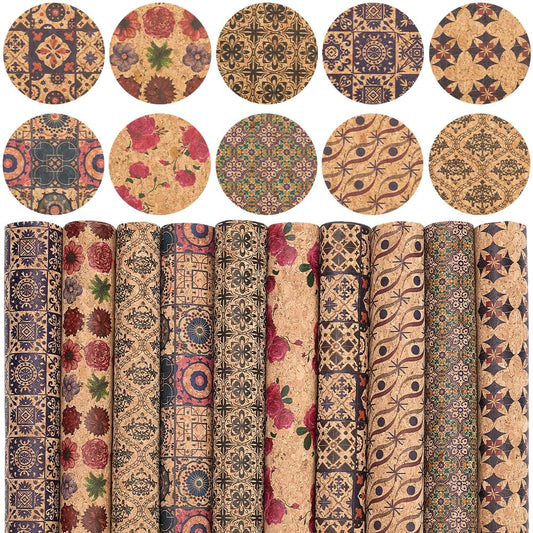 CALFOVERA 10 Styles 13 x 8 Inch Colored Cork PU Leather Sheets Thin Soft Fabric Natural Texture Wood Grain Leather Floral Boho Synthetic Retro Leatherette Packaging Material for Handcrafts Earrings