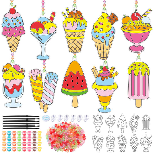 Yaomiao 30 Sets Summer Suncatchers Window Art Drawing Kits DIY Ice Cream Sun Catcher Crafts Bulk Paint Your Own Window Hanging Ornaments for Home Birthday Party Favors Decor Gifts