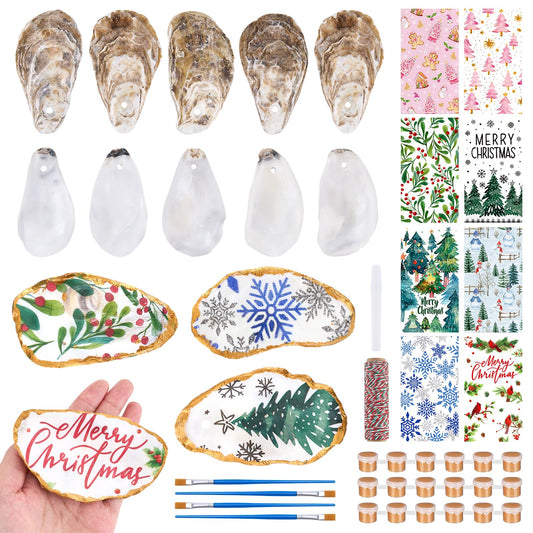 APUDWN 16 Set Oyster Shells for Crafts 4-5 Inch Christmas Pre-Drilled Oyster Shells Crafts Kits with Decoupage Paper Napkin Glue Paint Twine and Brushes for Xmas Decor DIY Arts Seashells Ornaments