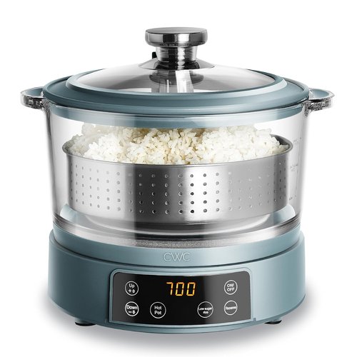 COOK WITH COLOR 3L Glass Mini Rice Cooker - Auto Lift Filter Basket & Steamer | Makes 6 Cups Cooked, Slate Blue