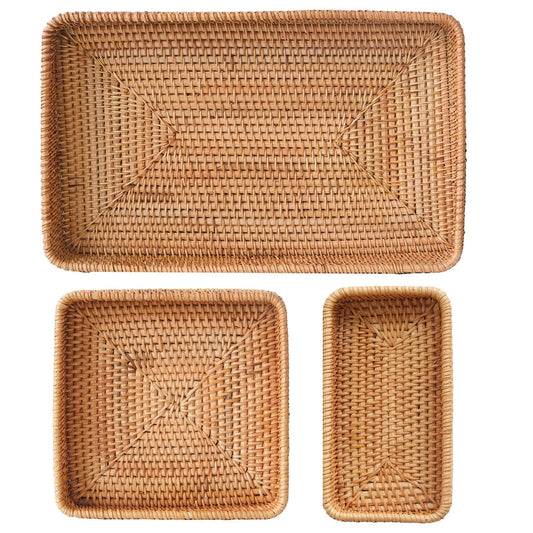 Rattan Serving Tray, Rectangle Basket Set of 3, Wicker Storage and Organizing Baskets, Natural Decorative Woven Tray for Home Decor, Bathroom, Kitchen Counter