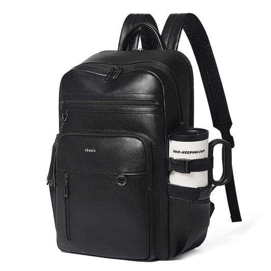 Shrrie Vegan Leather Laptop Backpack for Women,17 Inch Computer Backpack Purse for Work Business College Travel Teacher Nurse with Anti-theft Pocket & Giant Tumbler Holder Pocket,Black
