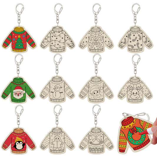 Trnayi 36 Pcs Christmas Ugly Sweater Crafts Unfinished Wooden Keychains Color Your Own Ugly Sweater Ornament DIY Blank Wood Painting Keychains for Adults Key Ring Art Pendant Xmas Tree Decor