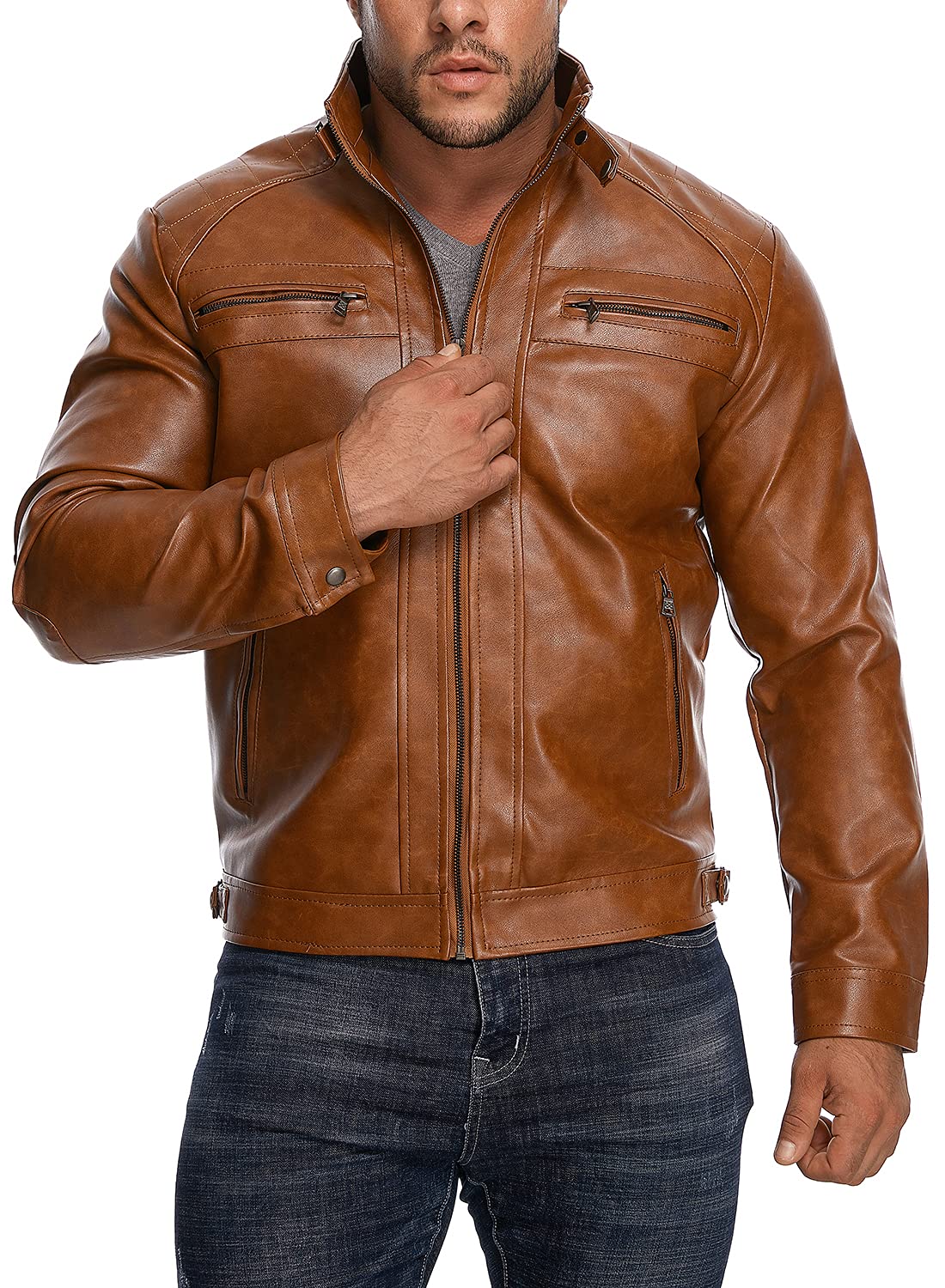 HOOD CREW Men’s Stand Collar Leather Jacket Casual Faux Leather Motorcycle Jacket Outerwear Coat with Zipper Pockets Brown XL