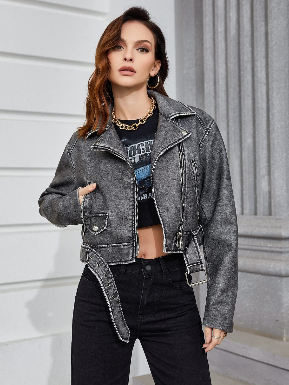 LY VAREY LIN Women Faux Leather Cropped Jacket Zipper Buckle Belted Long Sleeve Vintage Motorcycle Outwear(L2311 Black Grey M)